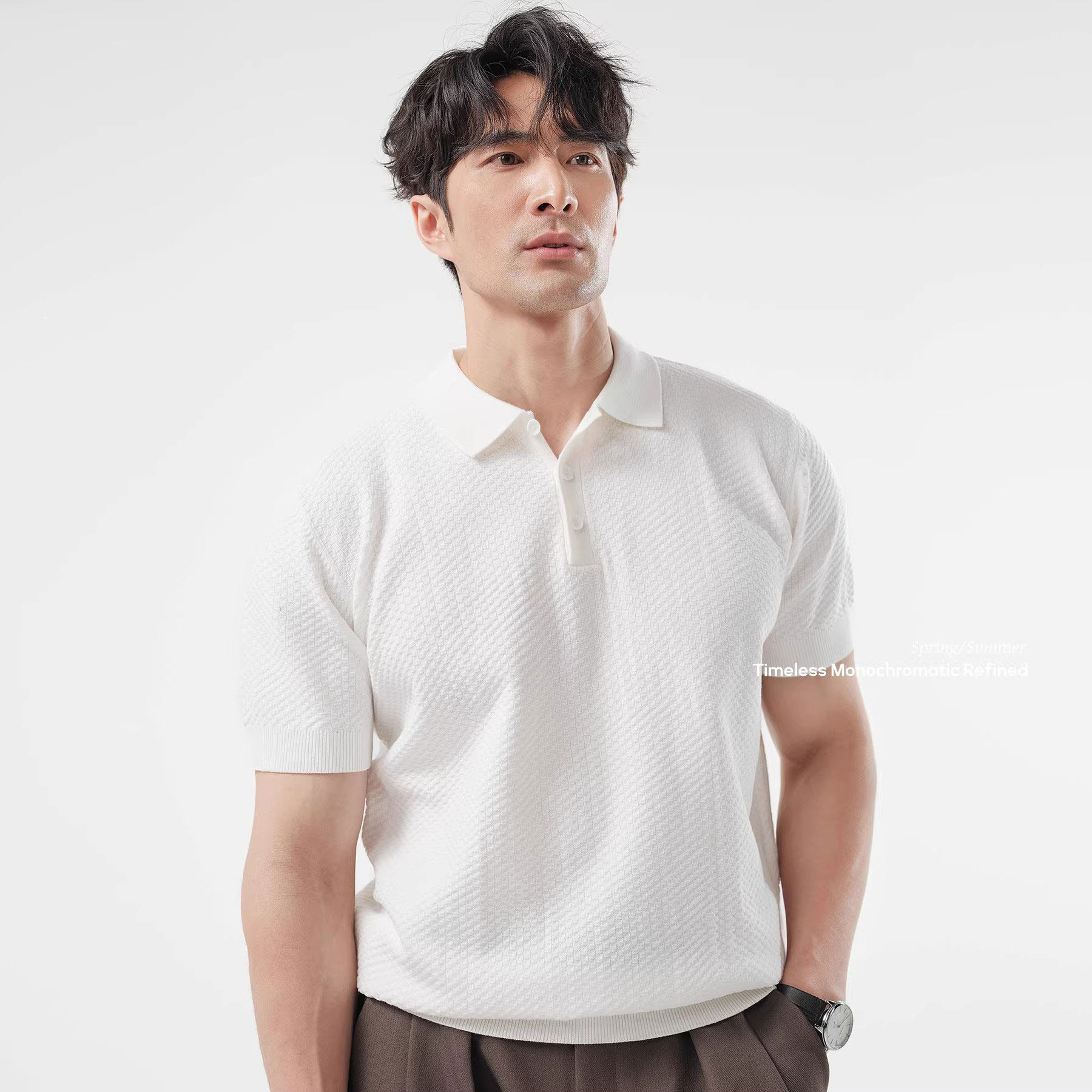 皮塞罗轻奢风短袖POLO衫男翻领针织衫男白色肌理感透气休闲上衣夏