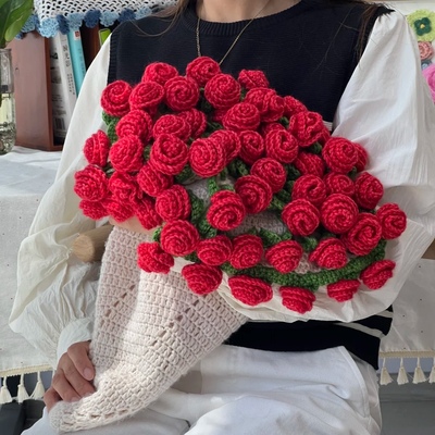 优质升级手工玫瑰花束毯子钩织毛线编织diy毛毯材料包送女朋友