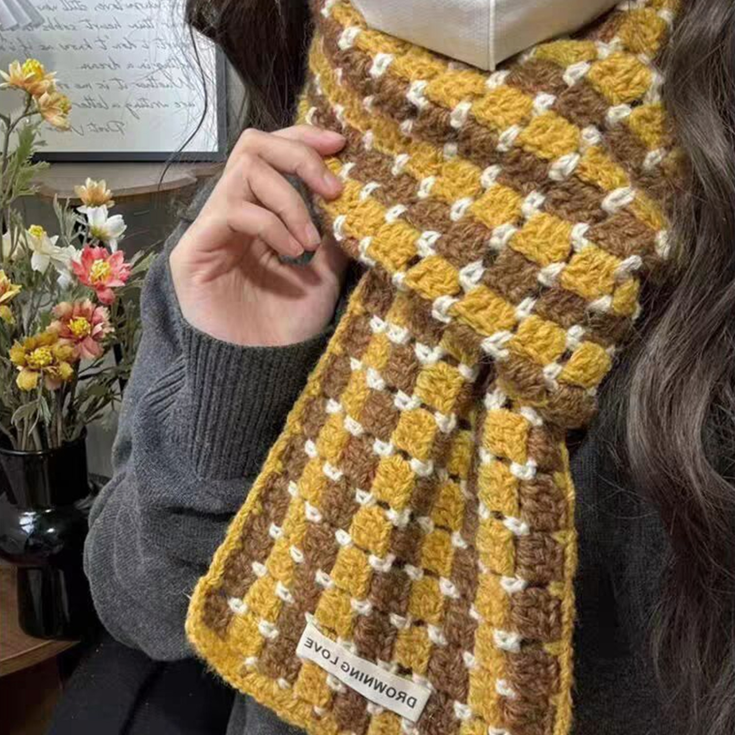 情人棉围巾毛线手工diy小方格围巾材料包手织围巾自制礼物送女友