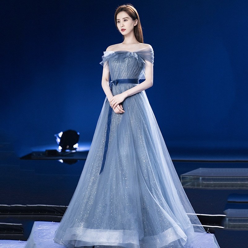2025秋冬宴会晚礼服蓝色一字肩飘逸长裙主持人艺考年会演出礼服裙