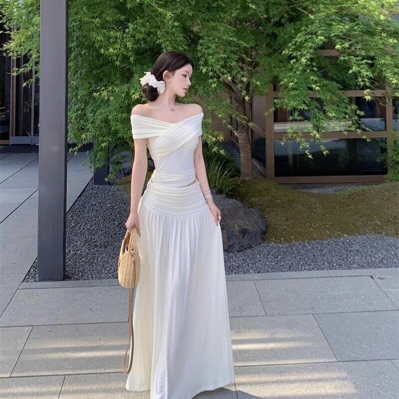 法式气质纯欲风海边度假风套装女夏一字肩上衣a字半身长裙两件套