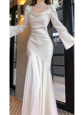 法式长袖鱼尾连衣裙主持人女春季新款时尚白色缎面订婚服晚礼服