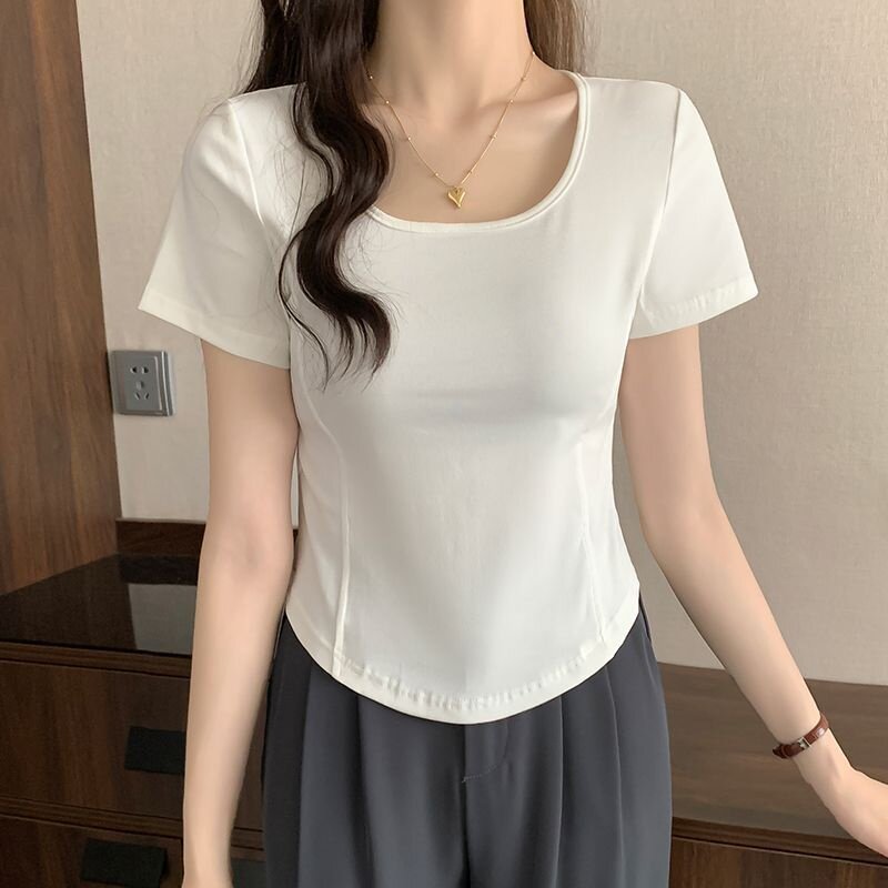 白色微胖正肩短袖T恤女2026夏季新款胖MM遮肉显瘦短款不规则上衣
