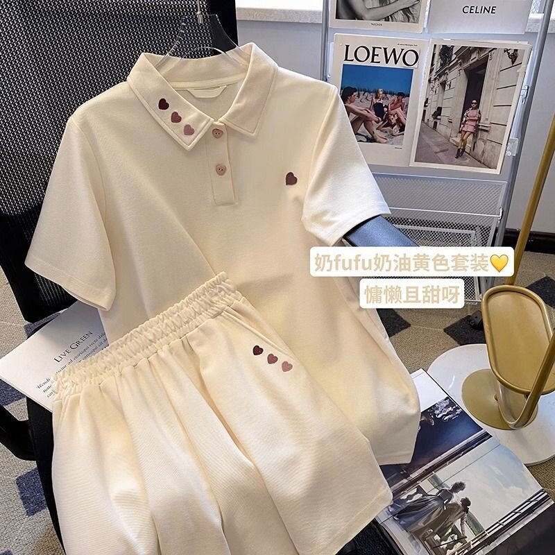 学院风爱心刺绣运动套装女2026新款夏季休闲宽松短袖短裤两件套潮