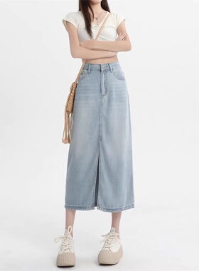 2026春秋薄款开叉天丝牛仔半身裙女显瘦高腰直筒冰丝垂感a字长裙