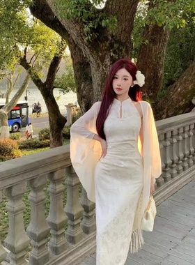 夏装新中式国风改良旗袍连衣裙气质裙子女装2025秋季新款白色长裙