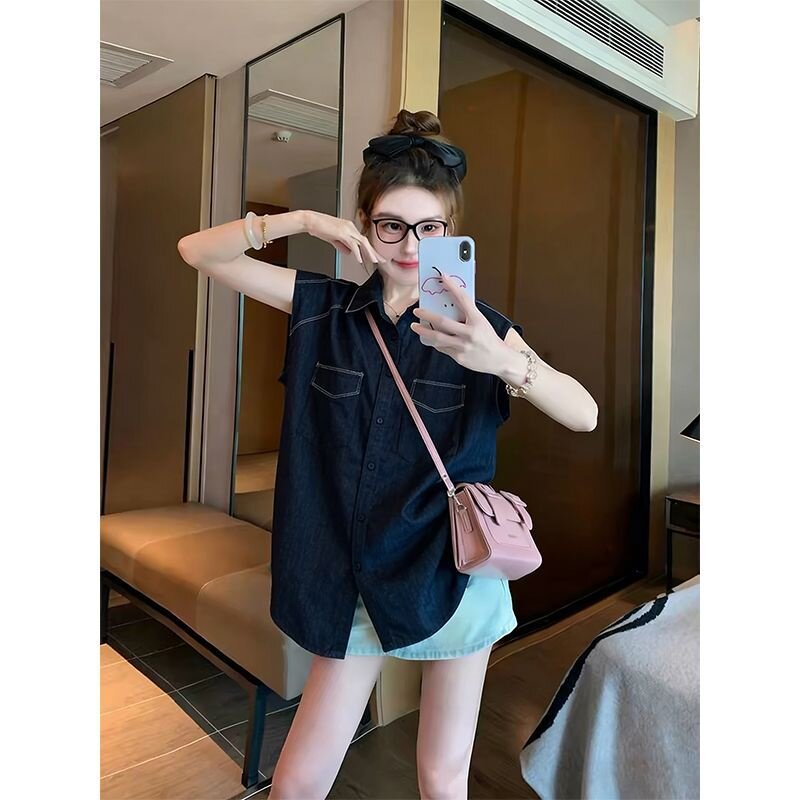 胖MM大码240斤牛仔衬衫女短袖夏款宽松显瘦大版外搭不规则下摆T恤