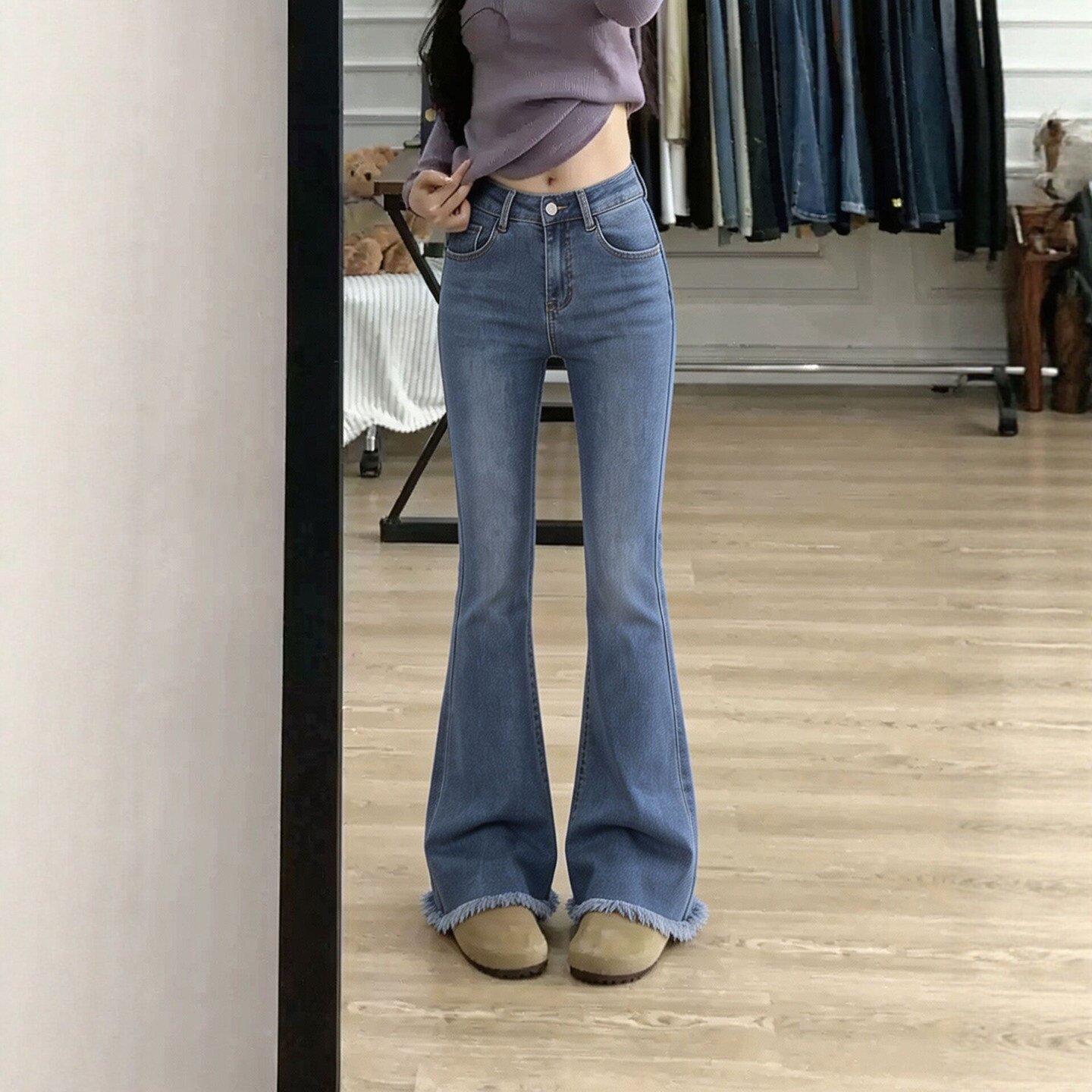 美式复古微喇牛仔裤女2026秋季新款小个子高腰修身显瘦毛边喇叭裤