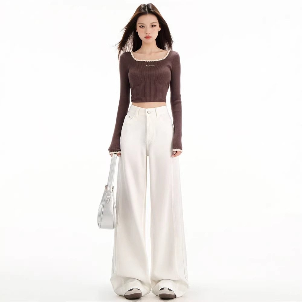 2026新款高腰白色三防阔腿牛仔裤女春季宽松小个子垂感拖地直筒裤