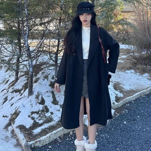 2025秋冬高端燕麦色毛呢大衣西装 毛呢子外套女 领宽松小个子中长款