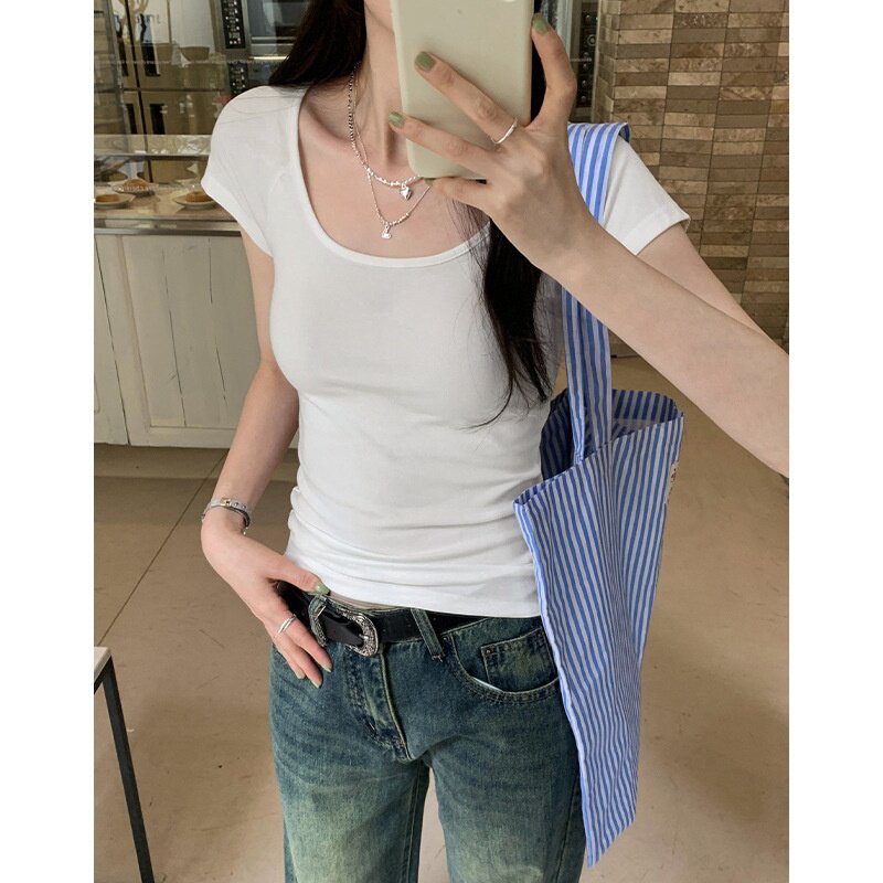 简约u领插肩袖92棉短袖t恤女夏季绝美修身紧身显瘦短款掐腰小上衣