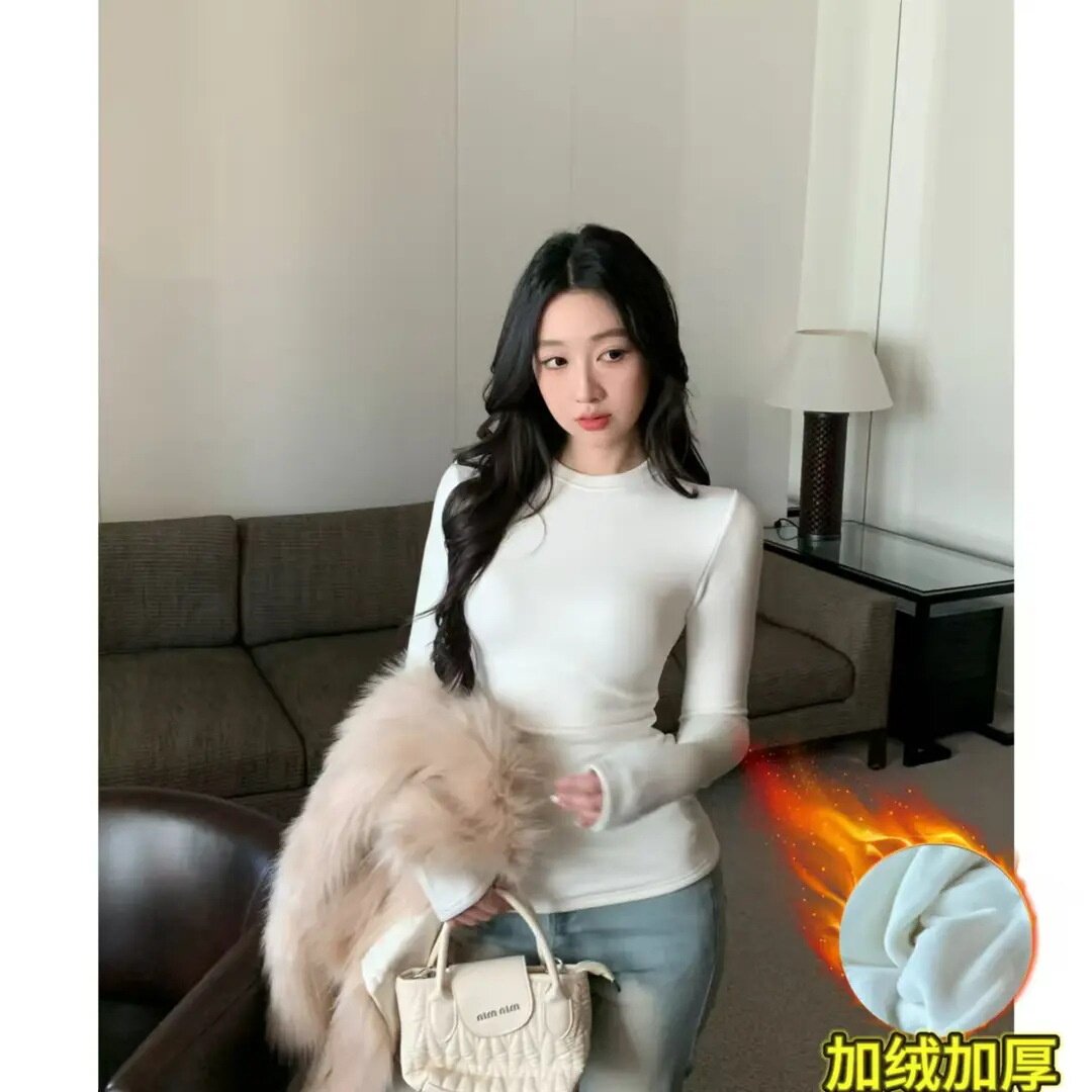 加绒加厚保暖打底衫秋冬修身显瘦百搭圆领正肩内搭长袖t恤女上衣