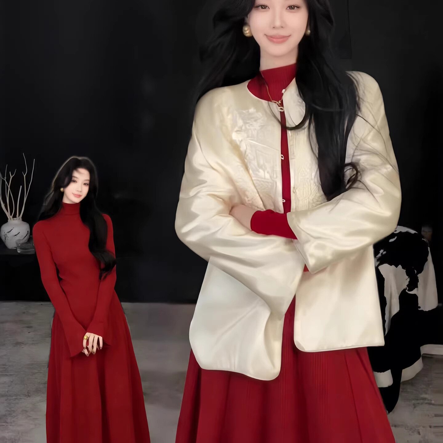 红色修身长裙子女冬季配大衣内搭巨好看御姐风新年穿搭针织连衣裙