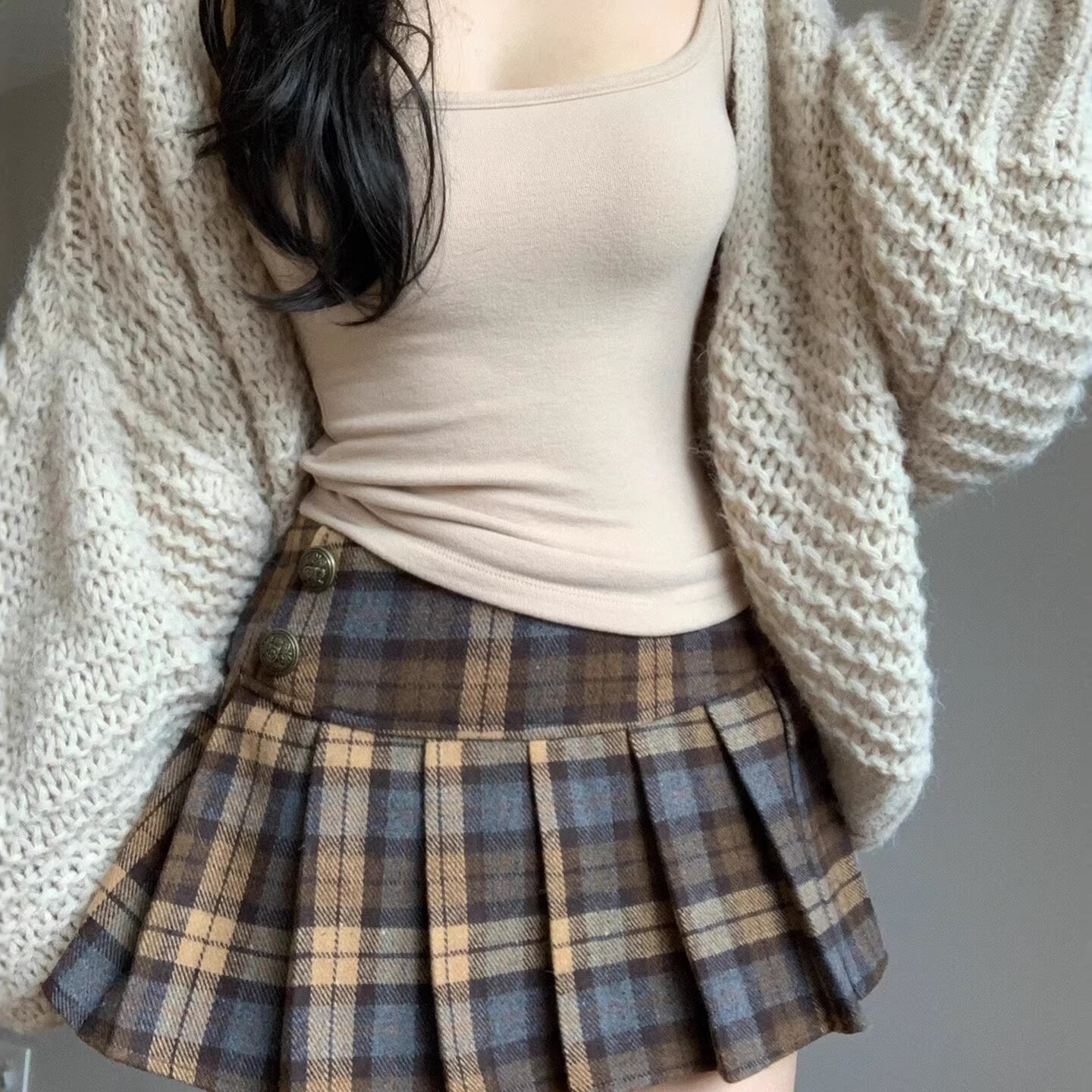 灰色复古格纹毛呢半身裙女秋冬学院风百褶裙高腰显瘦a字撞色短裙