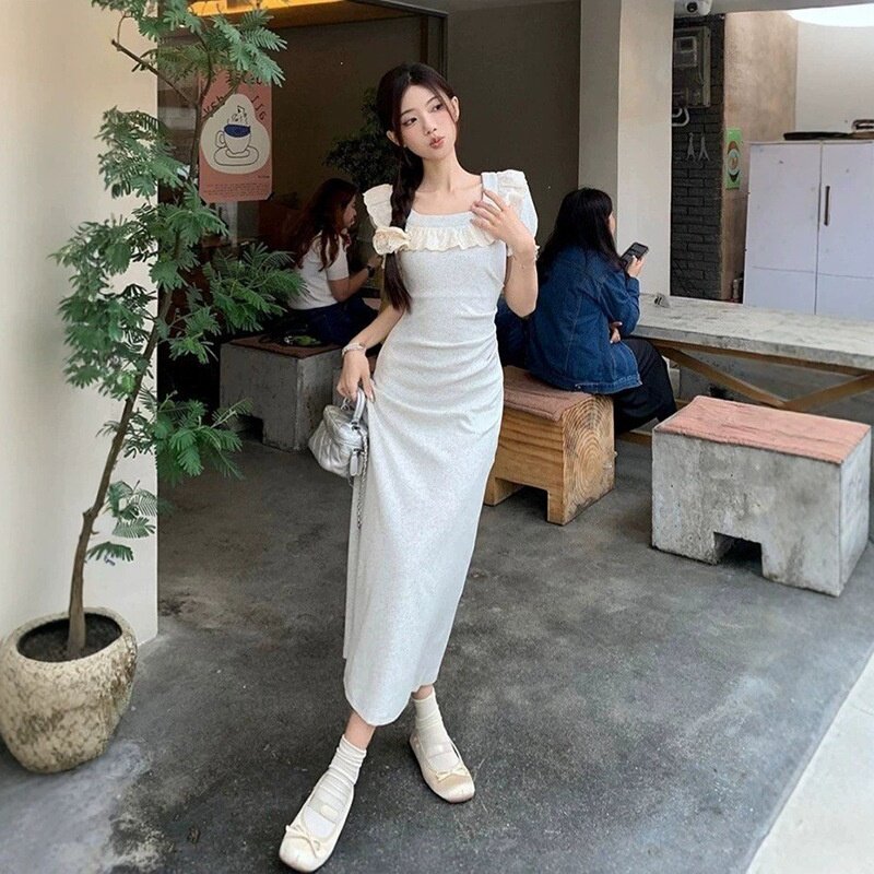 法式蕾丝花边灰色方领短袖长款连衣裙女夏季裙子收腰显瘦包臀长裙