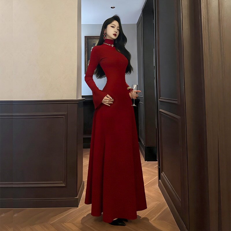 红色裙子女秋冬修身收腰大衣内搭打底御姐新年穿搭针织长袖连衣裙