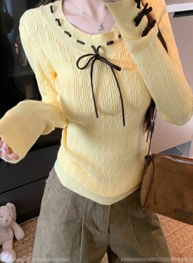 韩系学院风蝴蝶结绑带长袖针织衫女2026秋冬新款修身显瘦打底毛衣