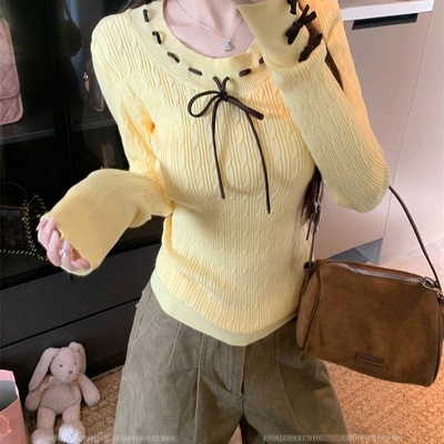 韩系学院风蝴蝶结绑带长袖针织衫女2026秋冬新款修身显瘦打底毛衣