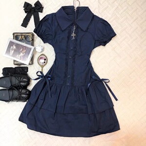 2026新款小个子韩系学院风设计感连衣裙女夏季蕾丝拼接收腰短裙子