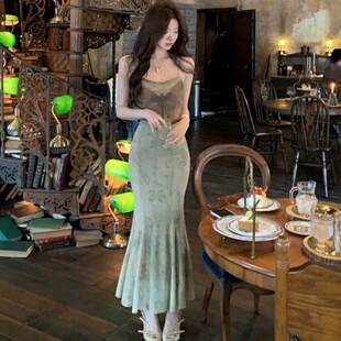 复古法式 海边度假绝美修身 气质裙子中长款 水墨画吊带连衣裙女夏季