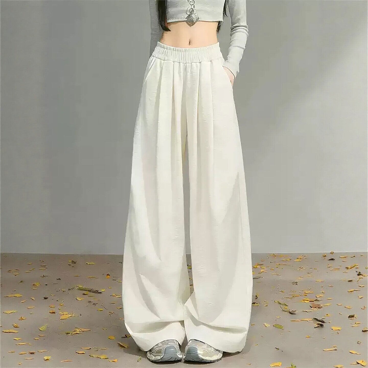 夏季2026新款高腰白色奶芙山本裤女士小个子薄款休闲冰丝阔腿裤子