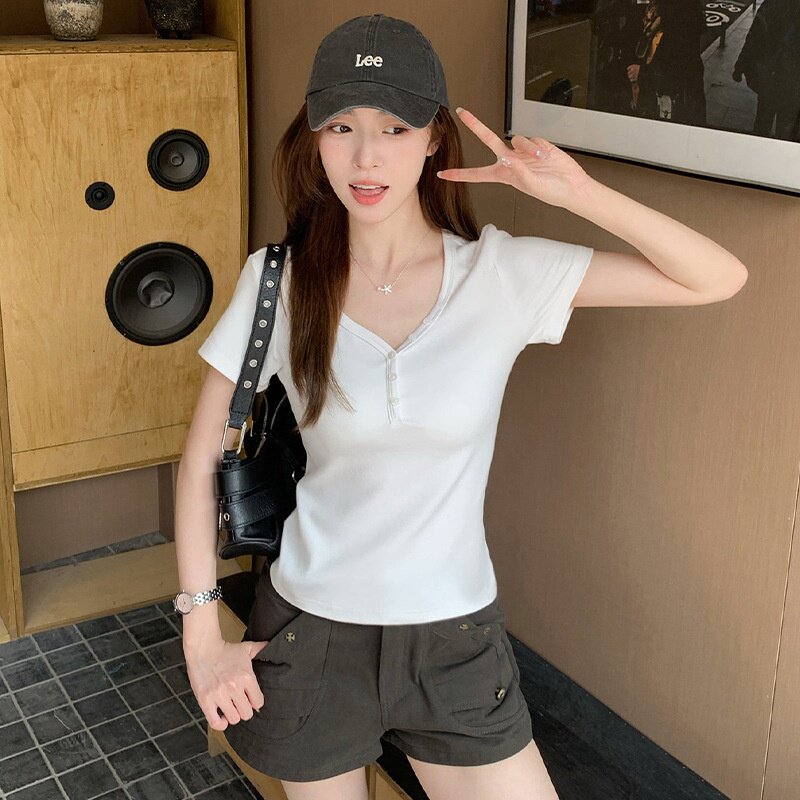 V领亨利领窄肩短袖T恤女夏季纽扣短款辣妹基础打底衫修身上衣潮