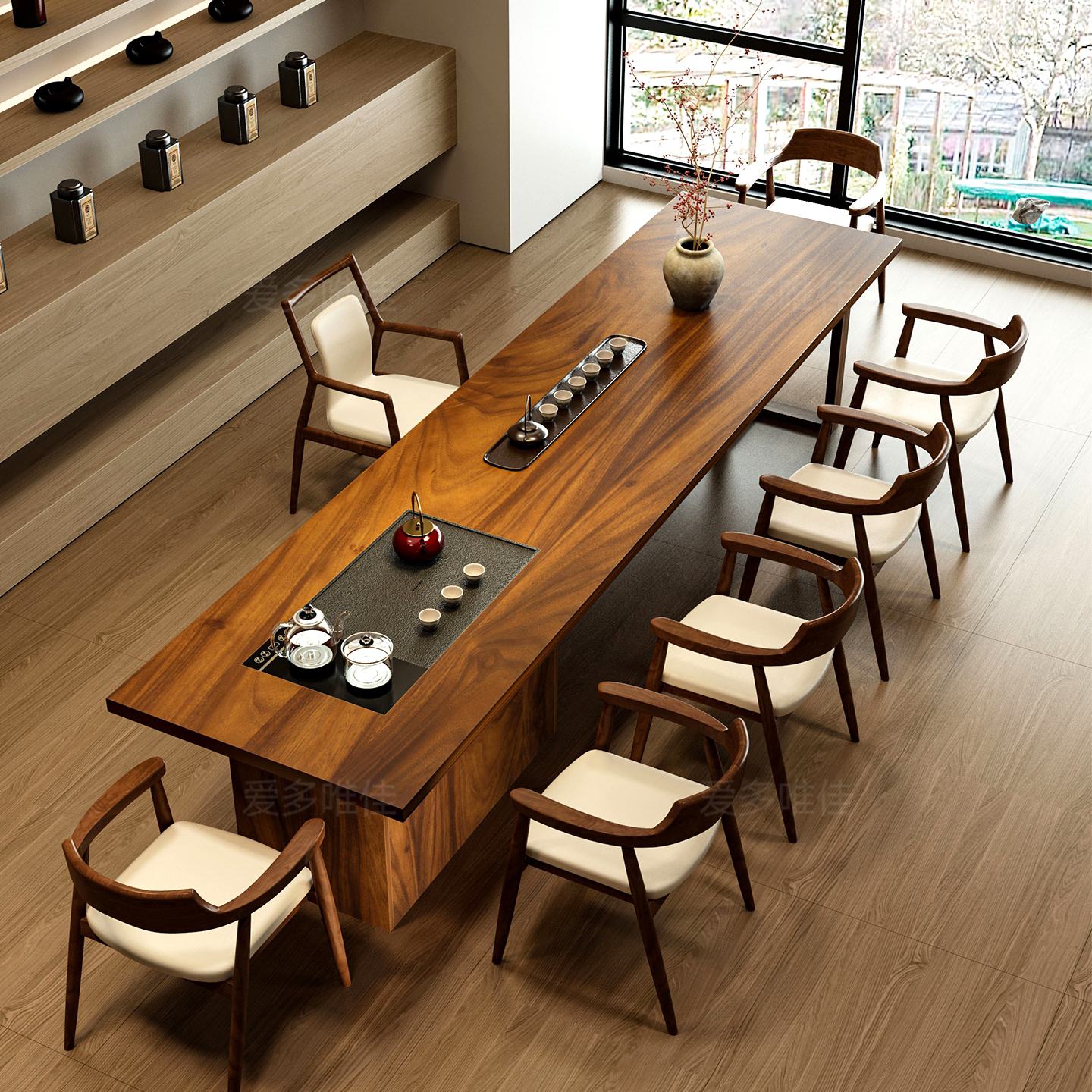 胡桃木实木大板茶桌3米长办公室茶台会议桌茶桌书桌一体两用茶几