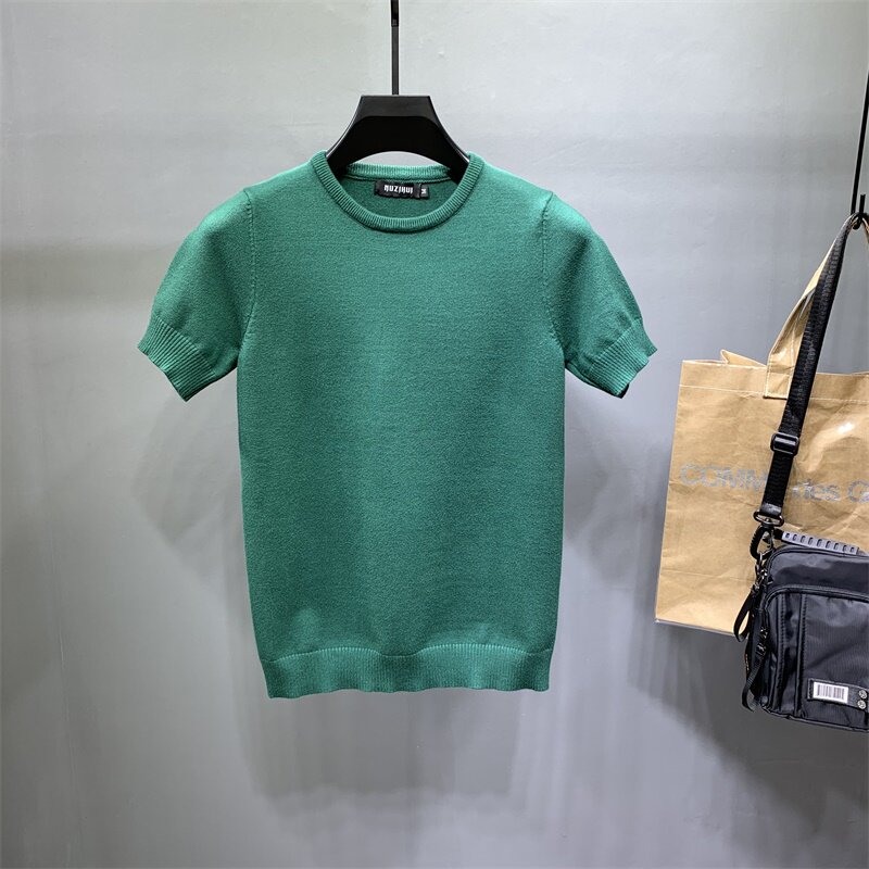 봄 가을 남성 라운드 넥 멀티 컬러 트렌디 니트 스웨터 반팔 슬림 대형 솔리드 컬러 반팔 스웨터 패션 바닥 셔츠