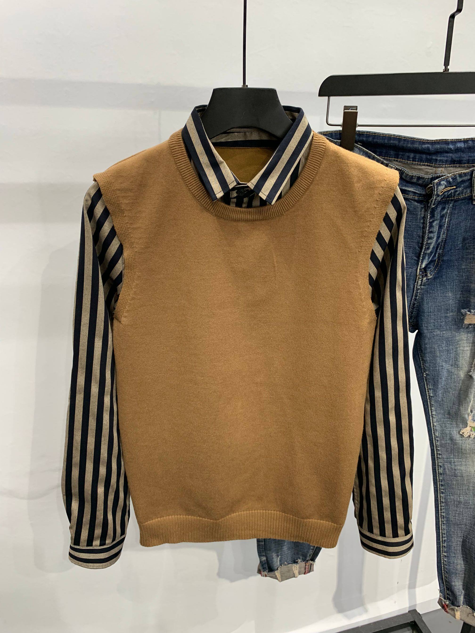 남성용 모직 조끼 스웨터 긴팔 가짜 투피스 플러스 벨벳 가을 겨울 옷깃 스트라이프 셔츠와 스웨터 투피스 세트