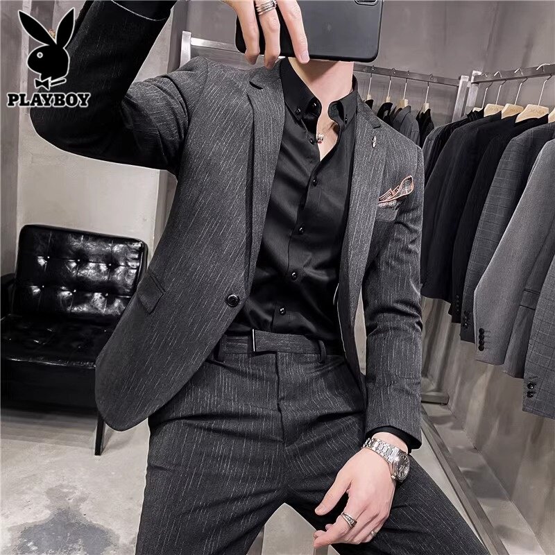 花花公子西服套装男士休闲商务西装外套春秋季新郎结婚礼服两件套