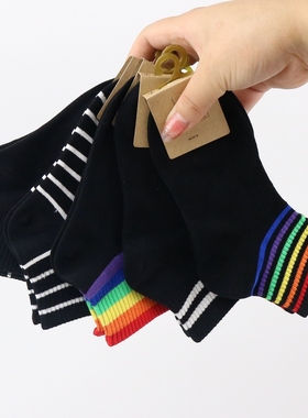 韩版黑色彩虹男女儿童袜春夏薄款纯棉学生袜吸汗运动宝宝袜短筒袜