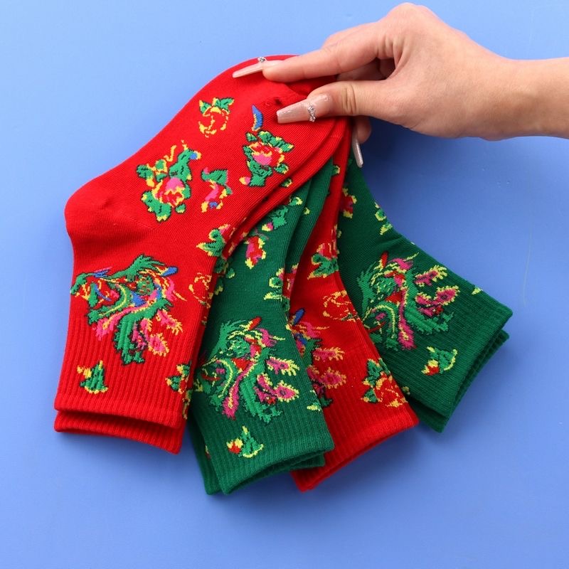 喜庆新年儿童精梳棉棉东北大花红色绿色男童女童中筒怀旧学生袜子