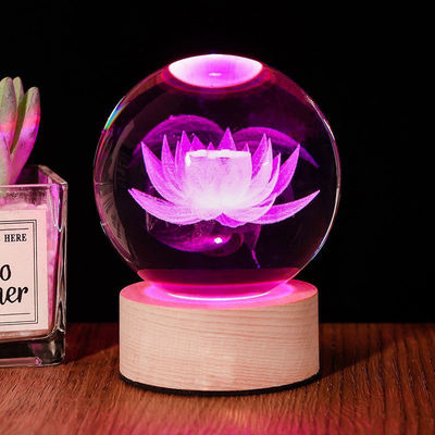 水晶球3D内雕莲花创意工艺品摆件家居饰玄关摆放莲花球雕刻莲花球