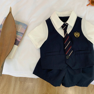 韩版 短裤 儿童礼服短袖 男童西裤 衬衫 童辰辰妈宝宝学院风假两件套装