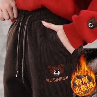 运动休闲裤 灯芯绒宽松束脚哈伦裤 小熊 女2025秋冬新款 加绒加厚卫裤