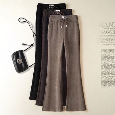 微喇裤女秋冬季2025新款加绒加厚女裤高腰显瘦修身条绒休闲微喇裤