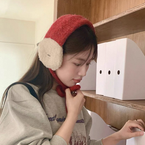 韩版复古甜美系带耳罩女秋冬季新款毛绒耳罩保暖遮耳撞色针织耳套