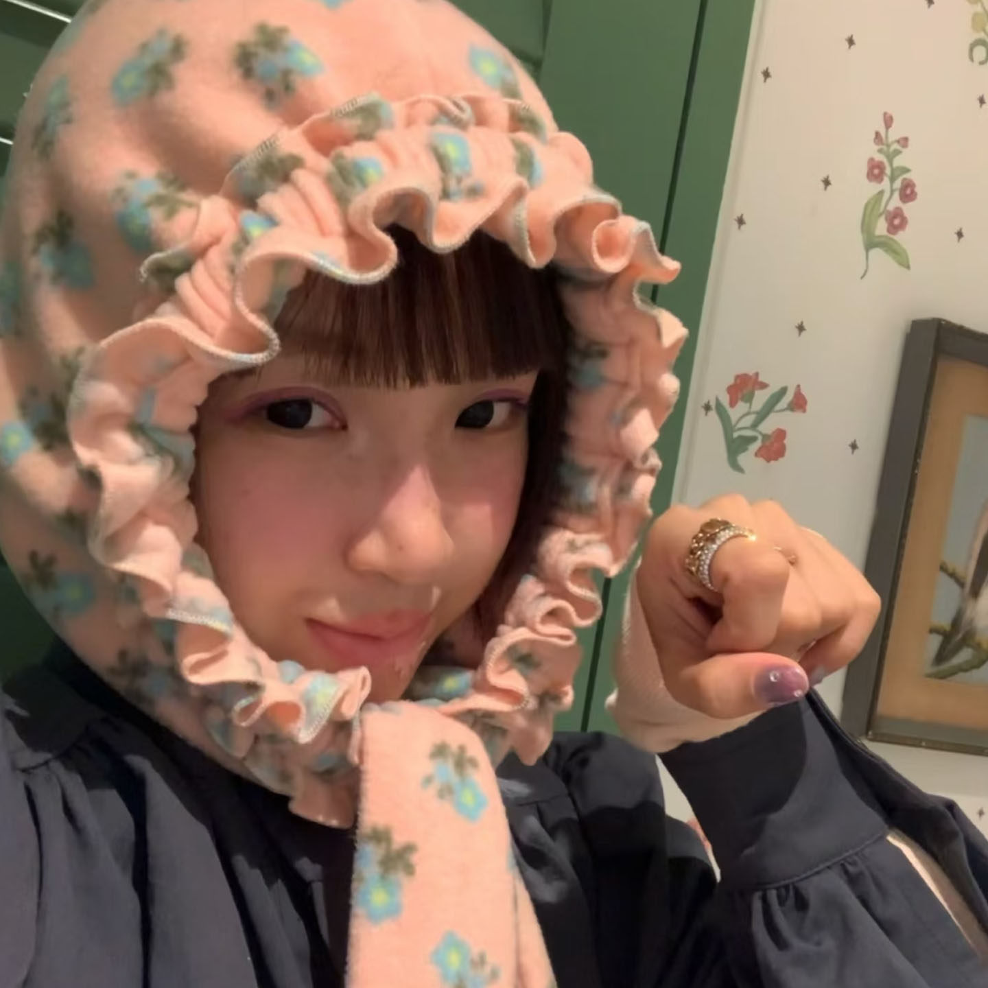 定制款韩系软萌保暖花边显脸小护颈围巾帽少女巴拉克拉法帽头套帽