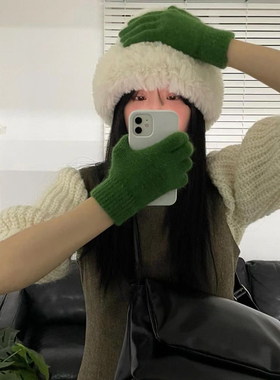 韩系兔毛绒绒感草绿色手套冬季学生百搭保暖可爱ins风五指手套