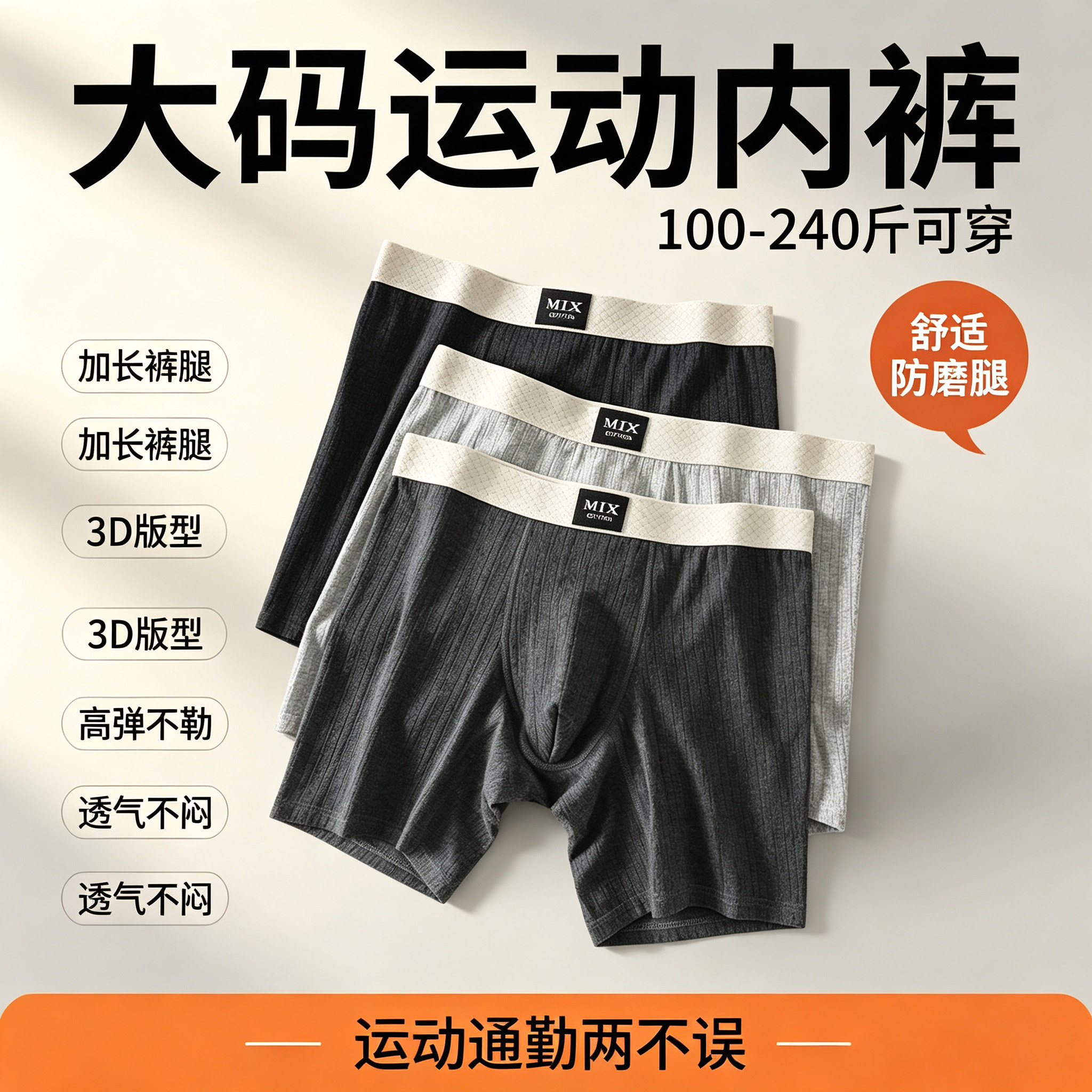 男士高弹透气防摩擦加长运动内裤