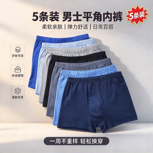 5条装纯棉中老年男士内裤平角裤