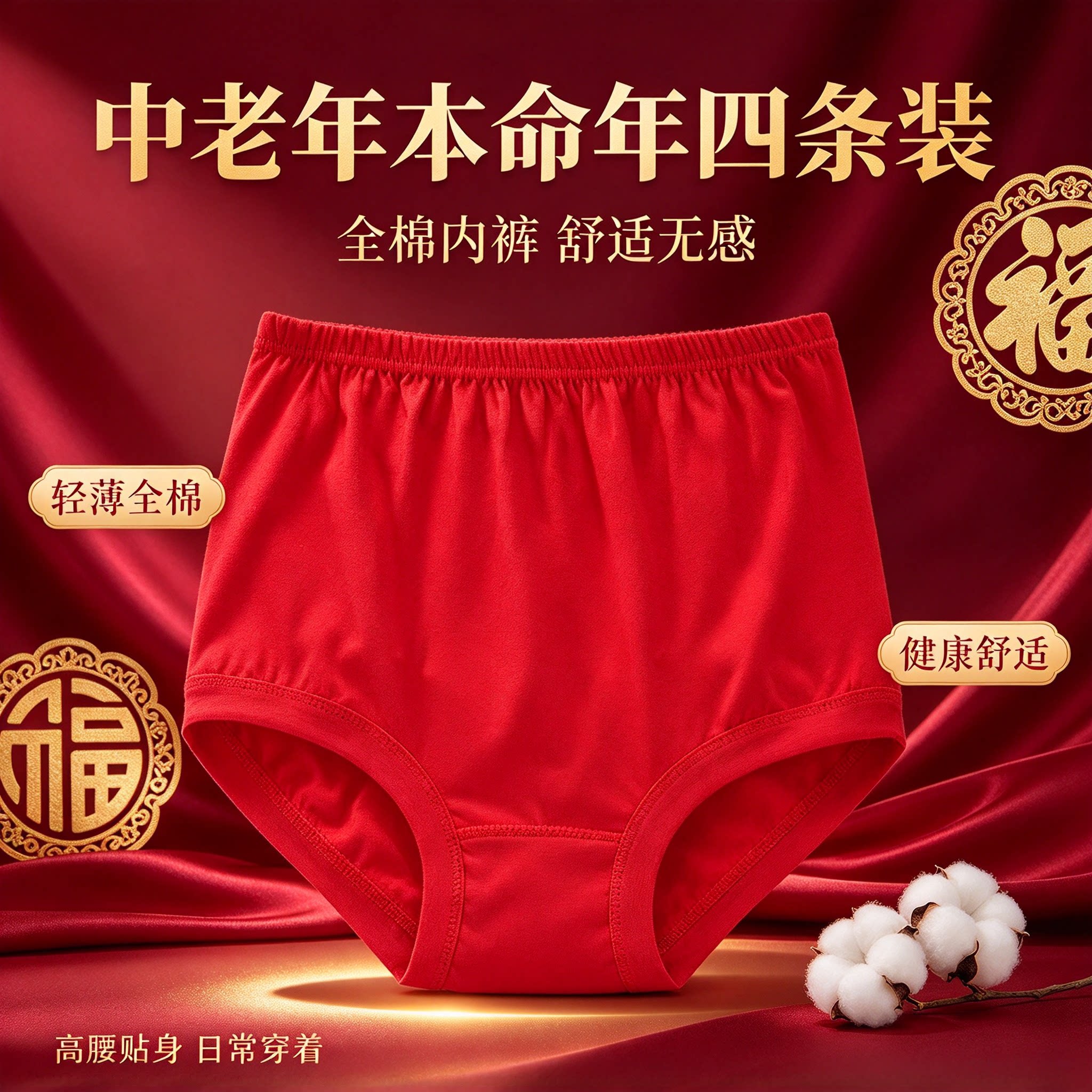 本命年红全棉高腰透气女士三角裤