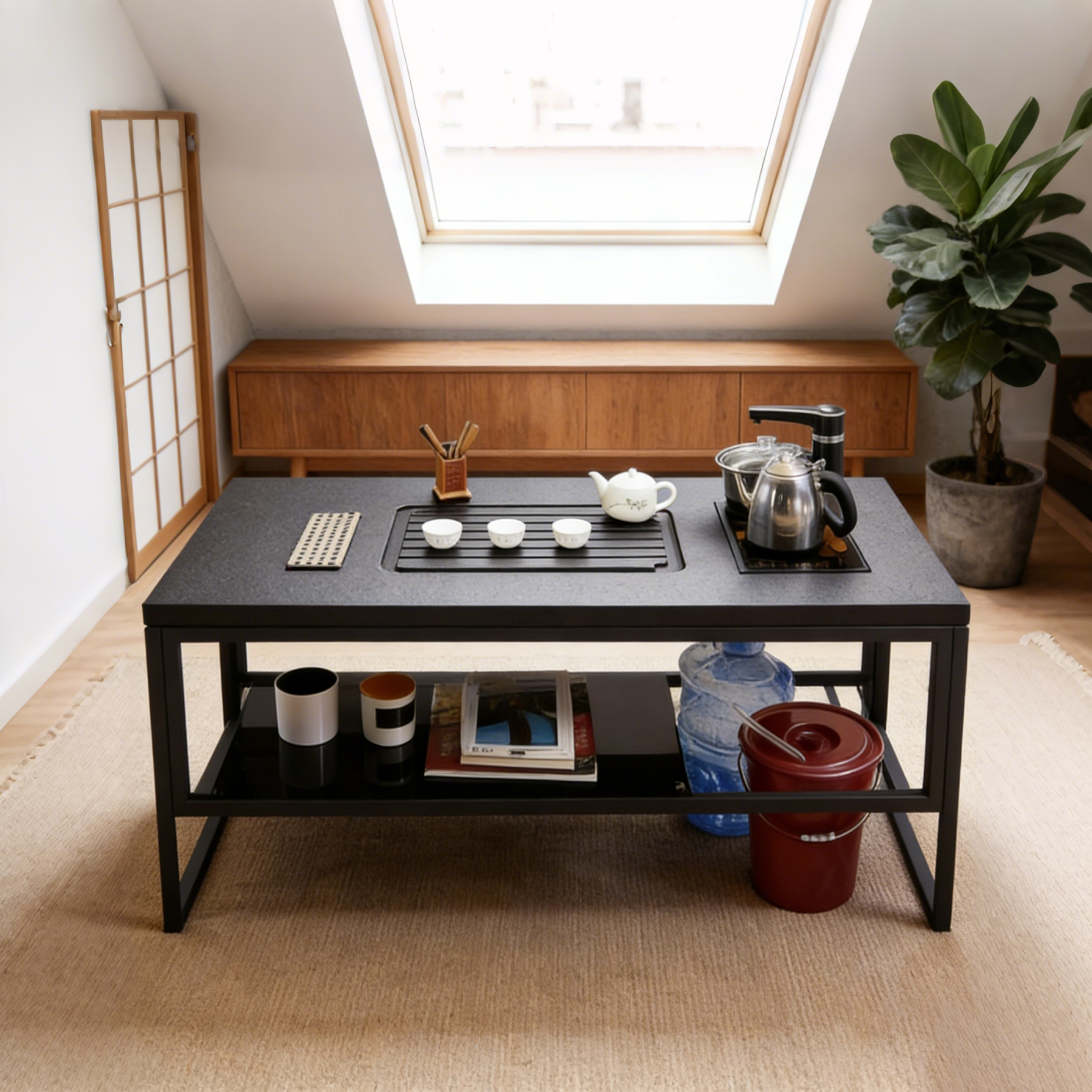 现代简约黑色金属储物茶台