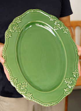 17寸古典欧式复古浮雕椭圆陶瓷大盘芝士西餐冷餐盘绿色装饰大托盘