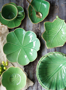 出口美国东南亚风格绿色陶瓷餐盘 芭蕉叶绿叶造型碗 创意摆盘托盘