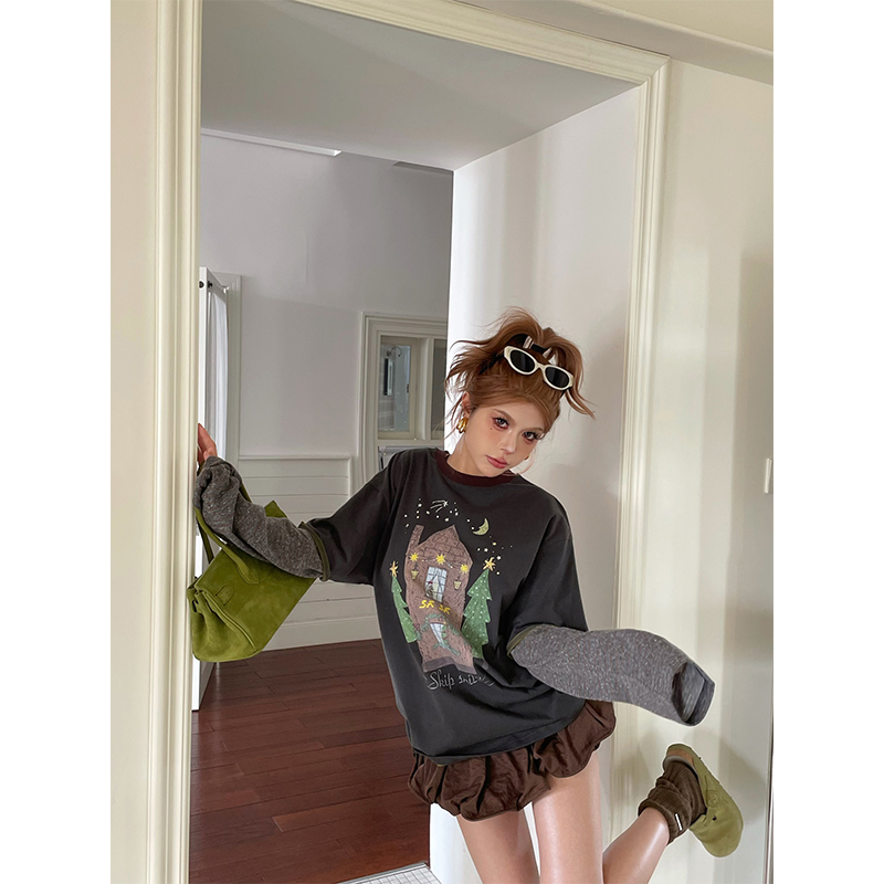 skipsmile秋冬新款慵懒松弛感复古房子印花假两件圆领宽松长袖T恤