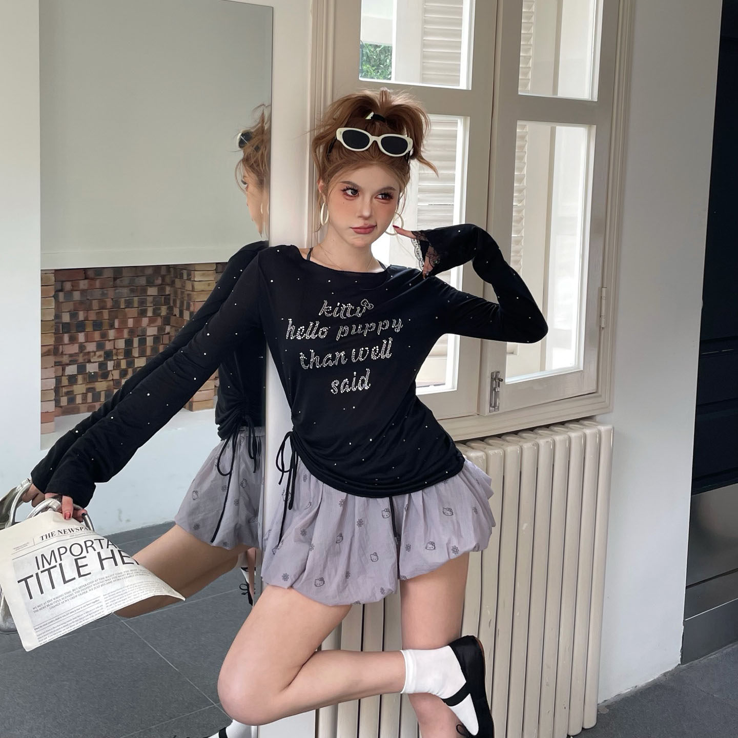 skipsmile早秋新款烫钻字母露肩一字领长袖T恤甜辣下摆抽绳上衣女