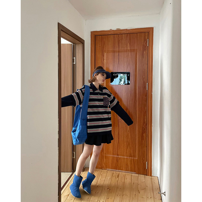 skipsmile秋冬新款趣味可爱卡通豹纹口袋条纹polo领宽松长袖T恤女