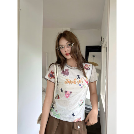skipsmile春夏新款 卡通彩绘汉堡网纱修身弹力短袖T恤女