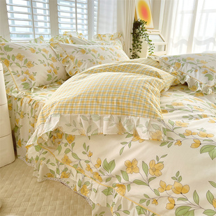 公主风纯棉床上四件套夏100全棉被套荷叶边床裙床单宿舍单人3件套